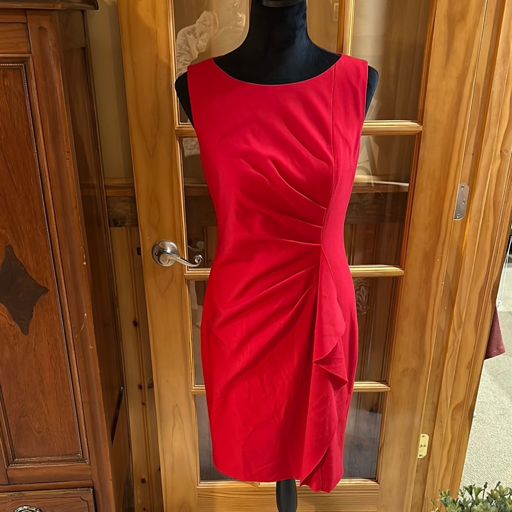 Calvin Klein Red Asymmetrical Ruched Midi Dress